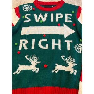 American Stitch Mens Swipe Right Ugly Christmas Sweater Reindeer Pom Poms XL